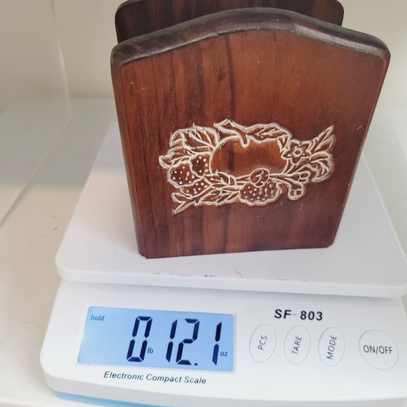 VINTAGE 70s Dark Wood Carved Fruit Motif Napkin Holder Mail Sorter Apple Berries - Picture 6 of 6